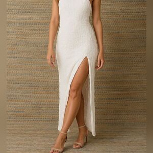 Revolve Tularosa White Shirred Slip Dress XS Halter Sheer High Slit Sexy Curvy